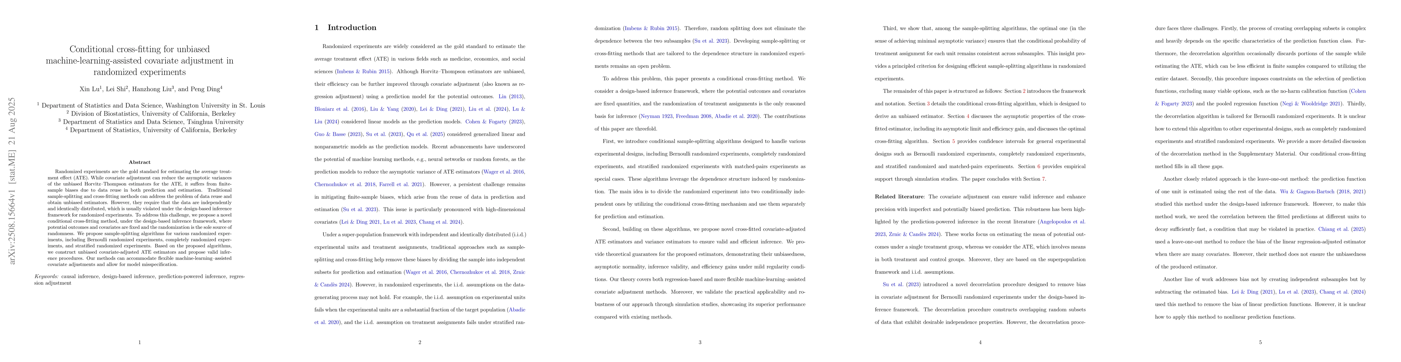Thumbnail for Conditional cross-fitting for unbiased machine-learning-assisted
  covariate adjustment in randomized experiments