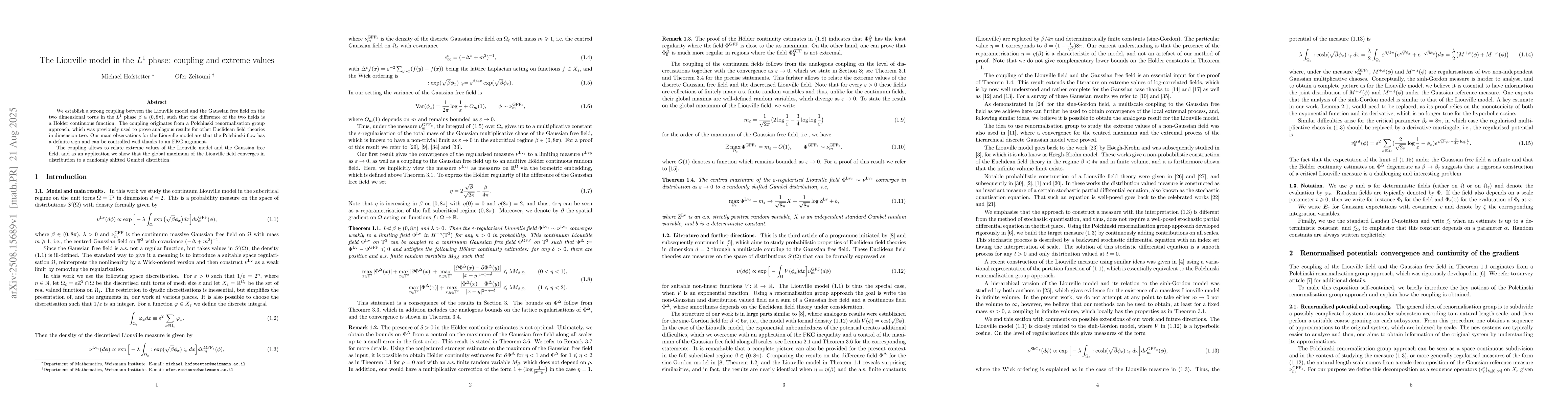 Thumbnail for The Liouville model in the $L^1$ phase: coupling and extreme values