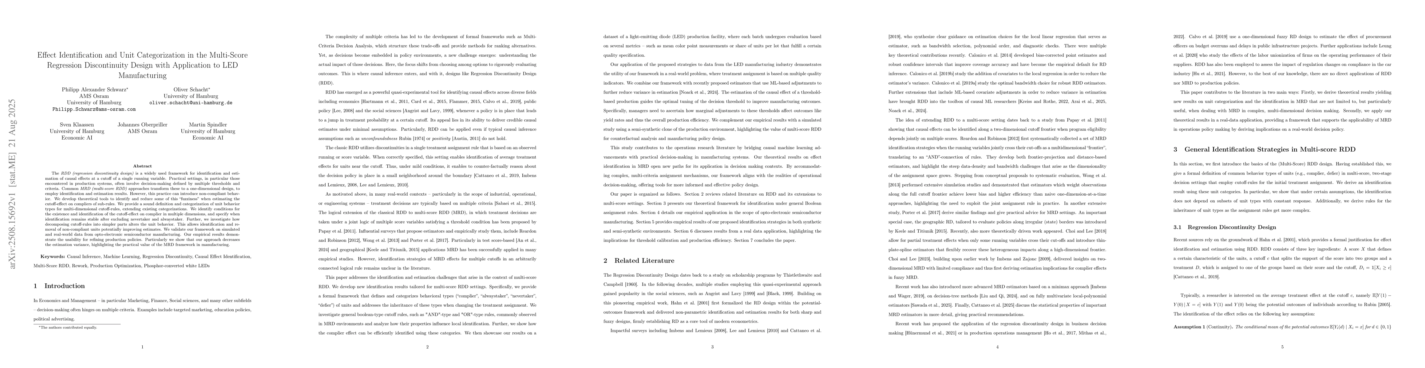 Thumbnail for Effect Identification and Unit Categorization in the Multi-Score
  Regression Discontinuity Design with Application to LED Manufacturing