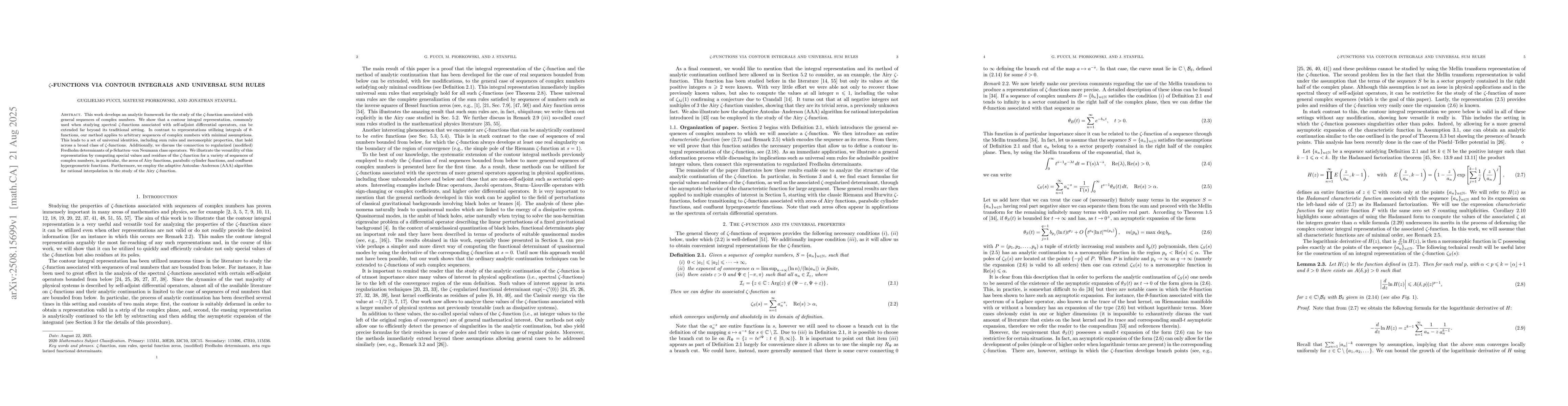 Thumbnail for $ζ$-functions via contour integrals and universal sum rules