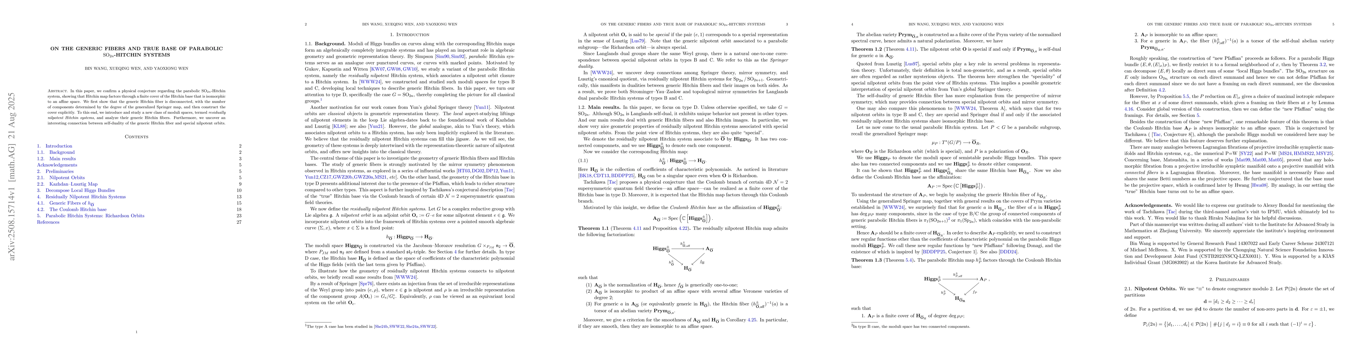 Thumbnail for On the generic fibers and true base of parabolic
  $\mathrm{SO}_{2n}$-Hitchin systems