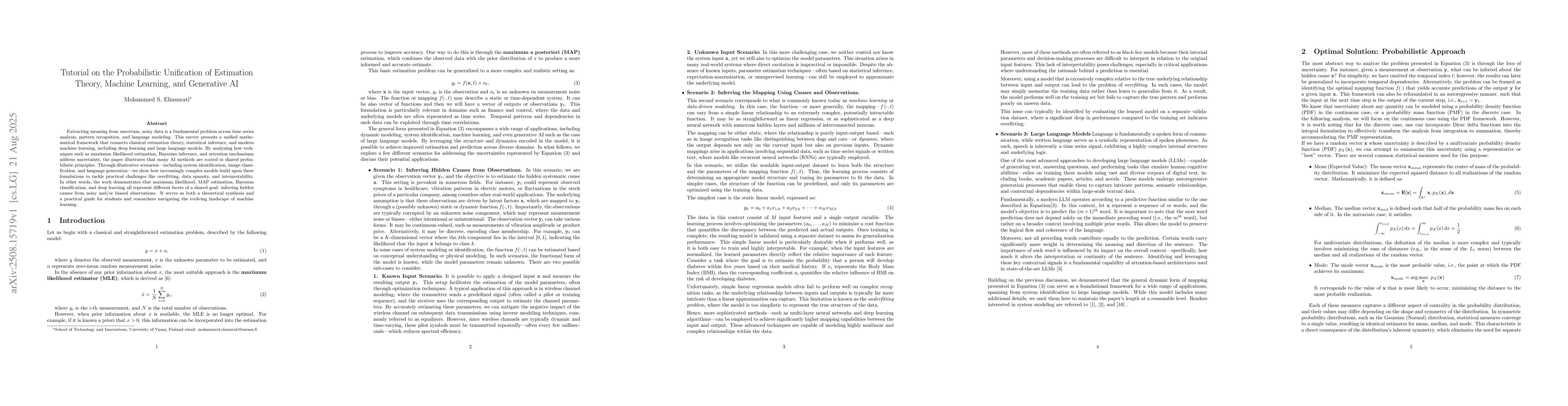 Thumbnail for Tutorial on the Probabilistic Unification of Estimation Theory, Machine
  Learning, and Generative AI
