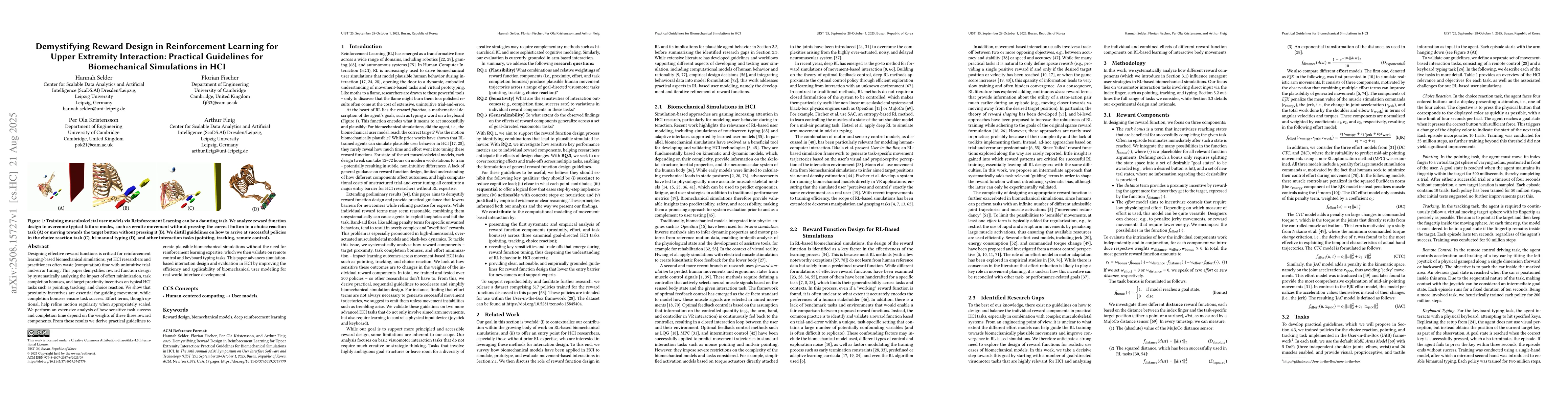 Thumbnail for Demystifying Reward Design in Reinforcement Learning for Upper Extremity
  Interaction: Practical Guidelines for Biomechanical Simulations in HCI