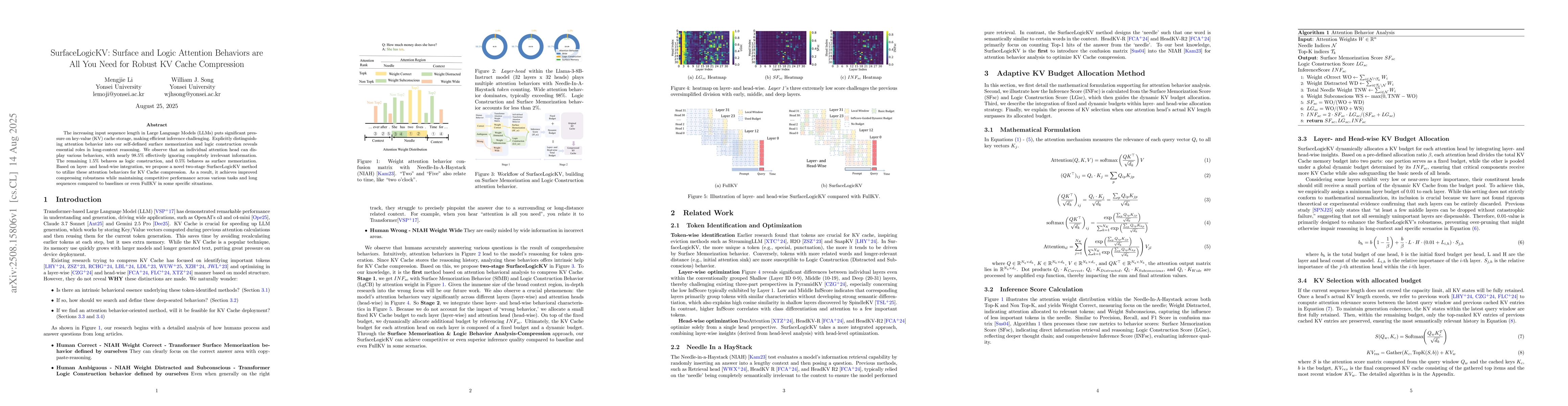 Thumbnail for SurfaceLogicKV: Surface and Logic Attention Behaviors are All You Need
  for Robust KV Cache Compression
