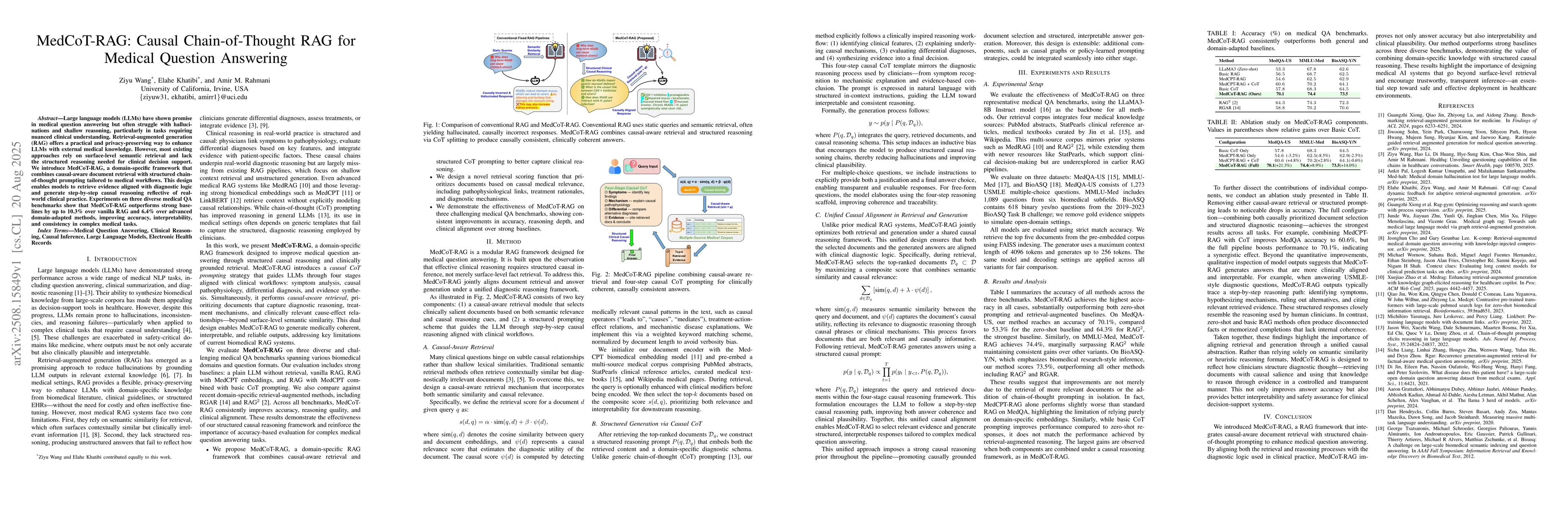 Thumbnail for MedCoT-RAG: Causal Chain-of-Thought RAG for Medical Question Answering