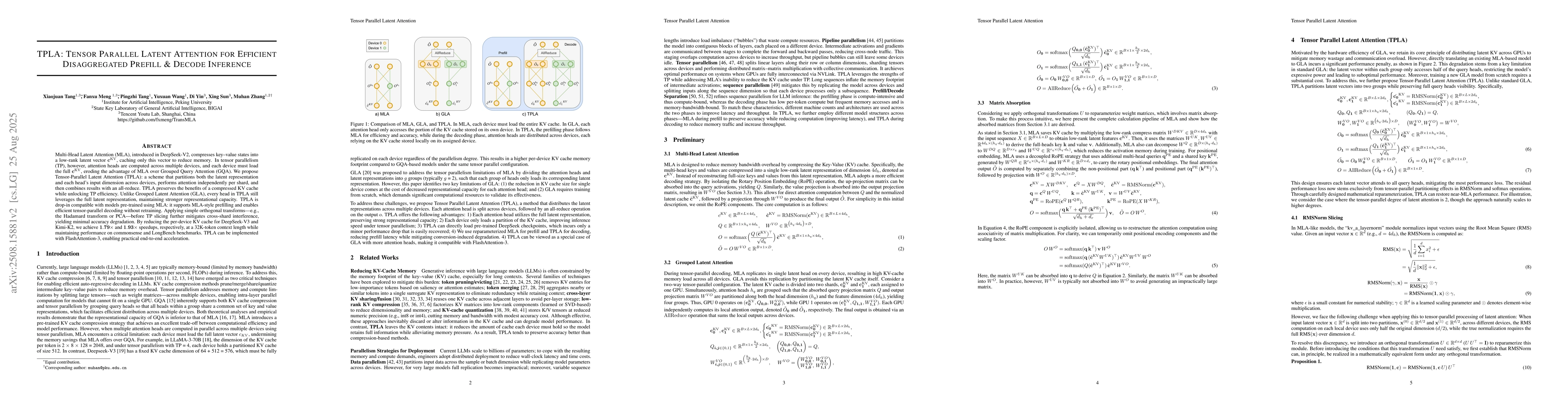 Thumbnail for TPLA: Tensor Parallel Latent Attention for Efficient Disaggregated
  Prefill and Decode Inference