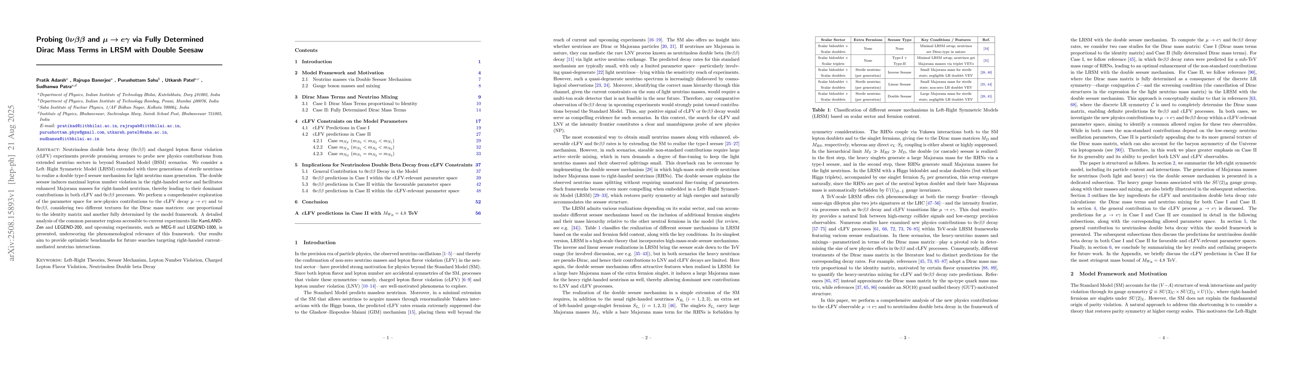 Thumbnail for Probing $0νββ$ and $μ\to eγ$ via Fully Determined Dirac
  Mass Terms in LRSM with Double Seesaw