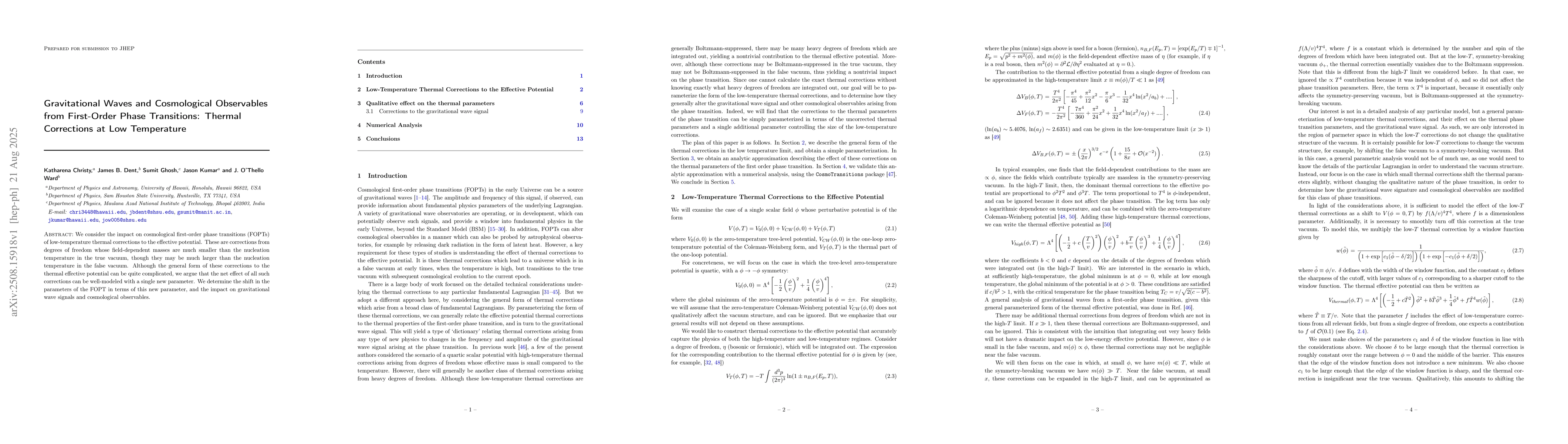 Thumbnail for Gravitational Waves and Cosmological Observables from First-Order Phase
  Transitions: Thermal Corrections at Low Temperature