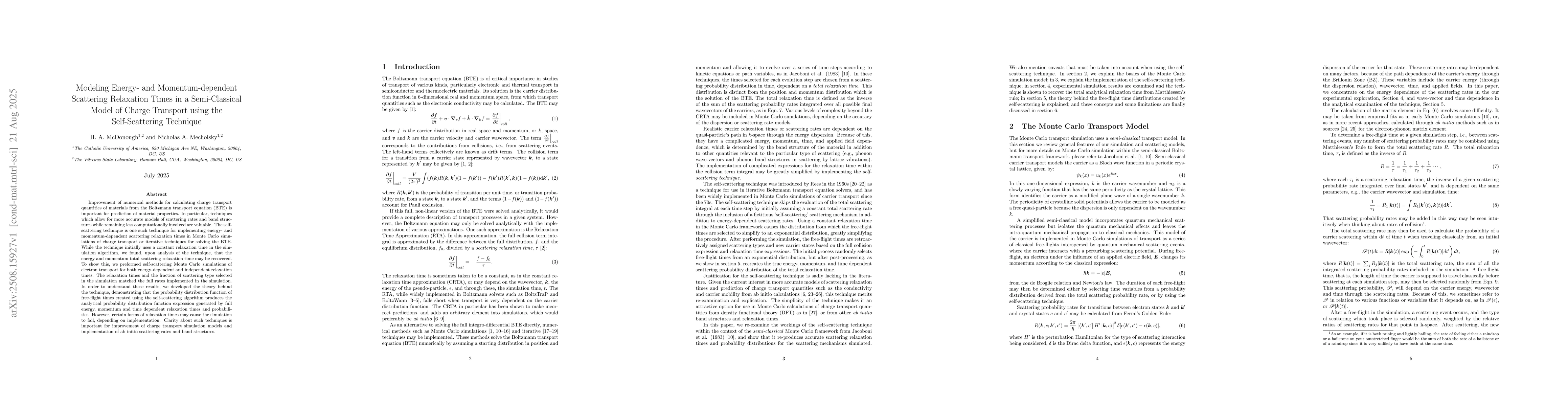 Thumbnail for Modeling Energy- and Momentum-dependent Scattering Relaxation Times in a
  Semi-Classical Model of Charge Transport using the Self-Scattering Technique