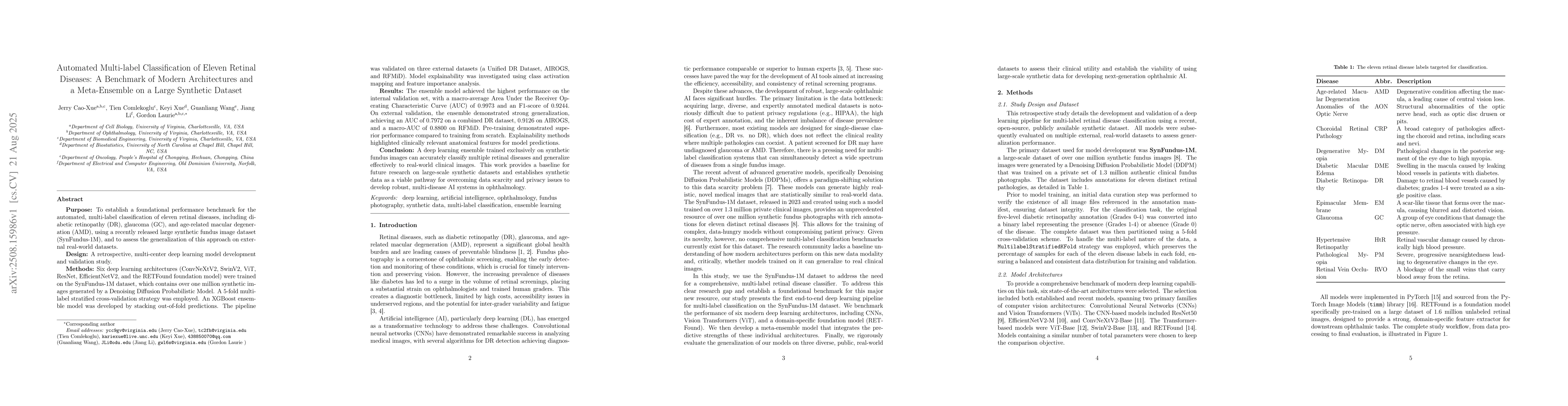 Thumbnail for Automated Multi-label Classification of Eleven Retinal Diseases: A
  Benchmark of Modern Architectures and a Meta-Ensemble on a Large Synthetic
  Dataset