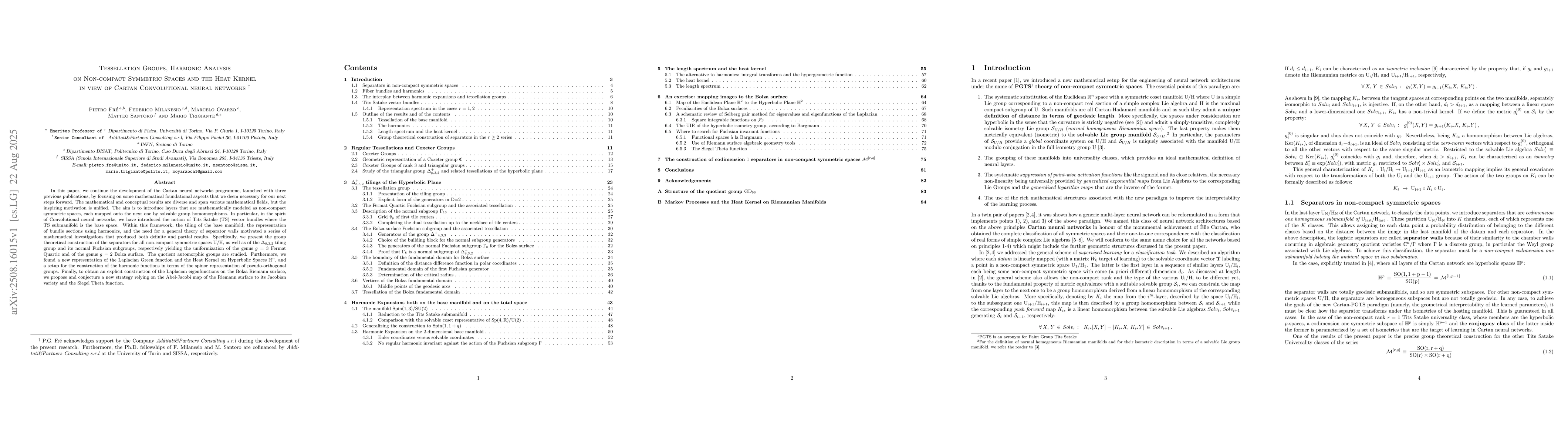 Thumbnail for Tessellation Groups, Harmonic Analysis on Non-compact Symmetric Spaces
  and the Heat Kernel in view of Cartan Convolutional Neural Networks