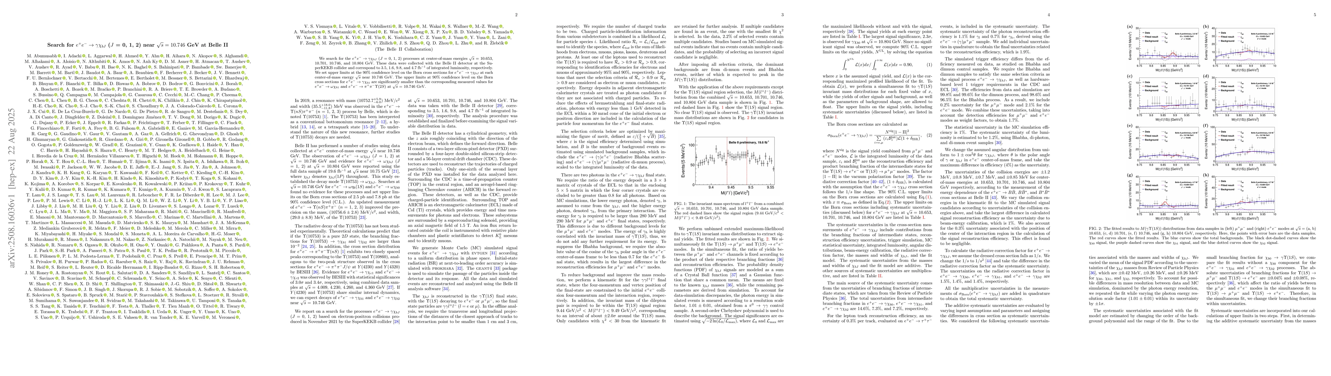 Thumbnail for Search for $e^+ e^- \to γχ_{bJ}$ ($J$ = 0, 1, 2) near $\sqrt{s}
  = 10.746$ GeV at Belle II