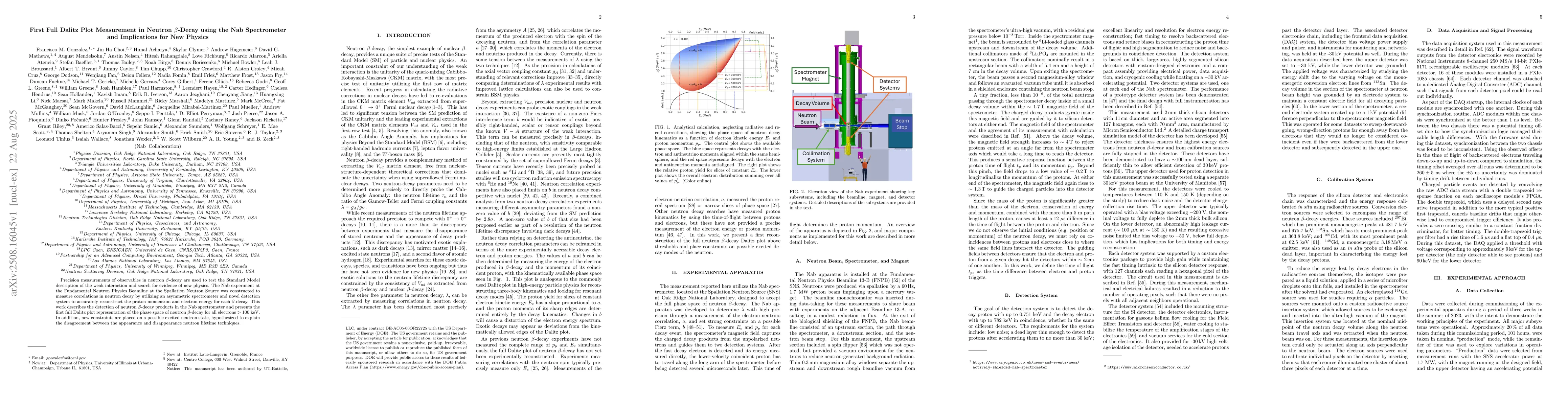 Thumbnail for First Full Dalitz Plot Measurement in Neutron $β$-Decay using the
  Nab Spectrometer and Implications for New Physics