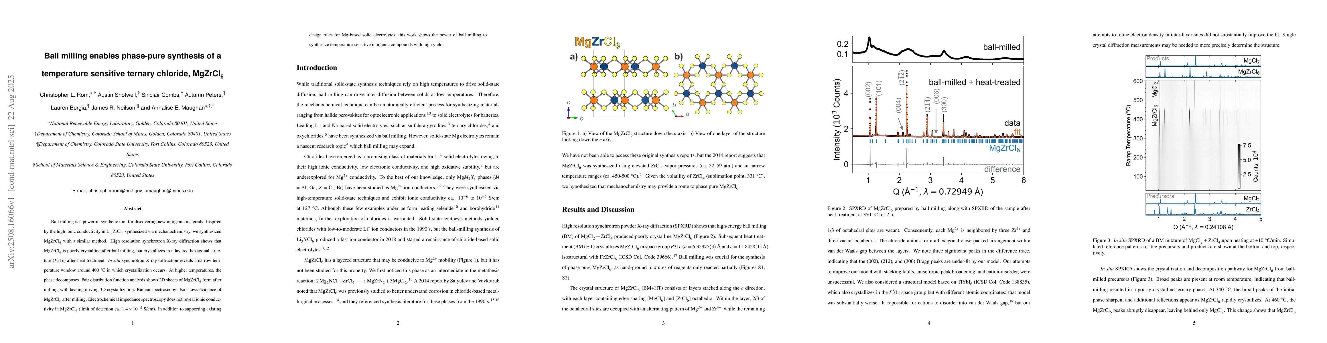 Thumbnail for Ball milling enables phase-pure synthesis of a temperature sensitive
  ternary chloride, MgZrCl$_6$
