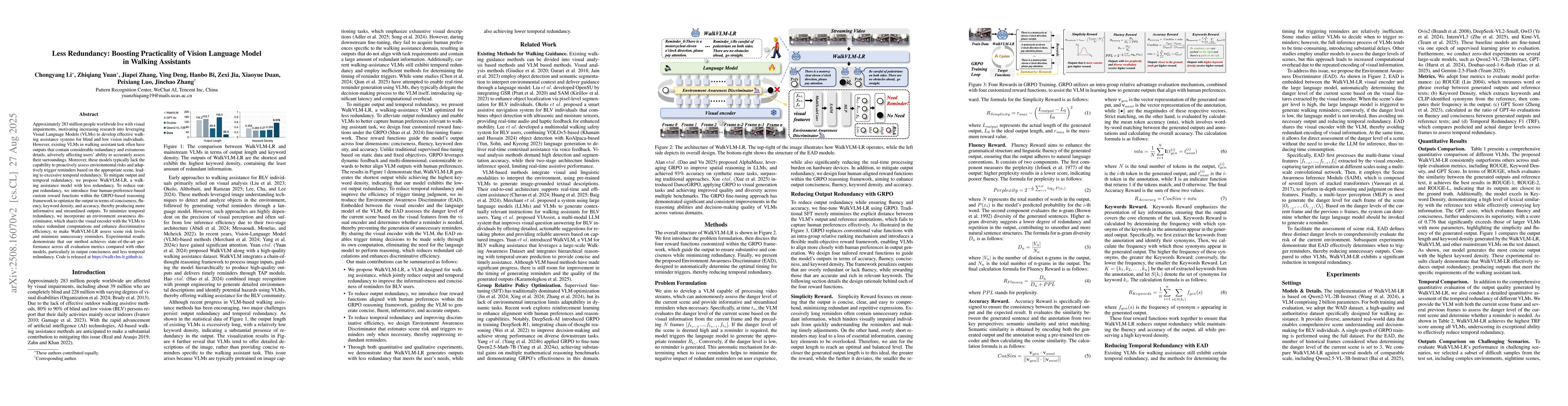 Thumbnail for Less Redundancy: Boosting Practicality of Vision Language Model in
  Walking Assistants