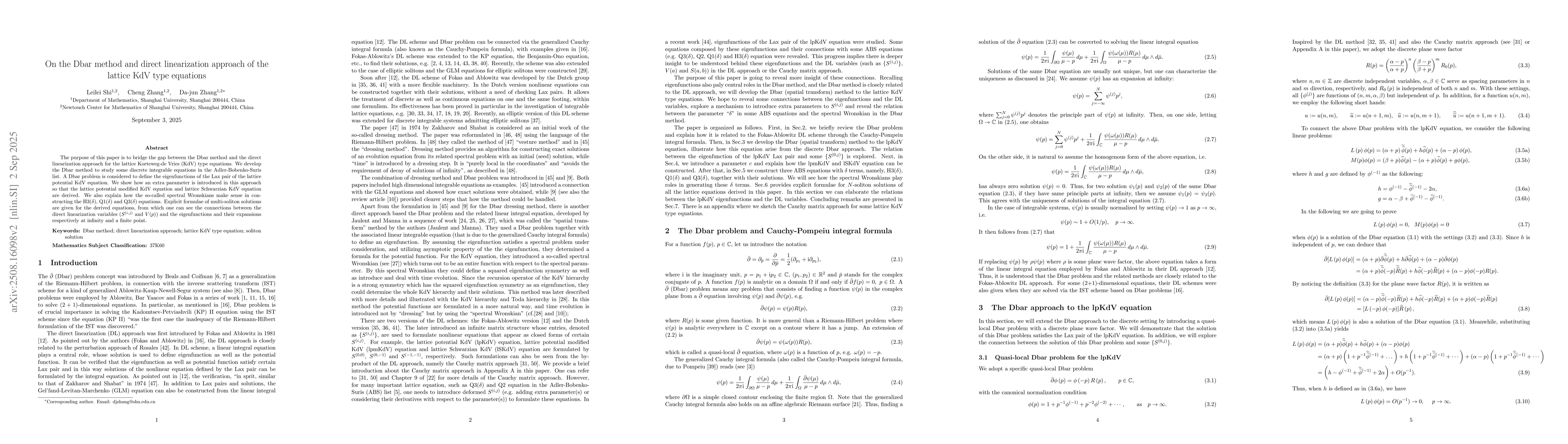 Thumbnail for On the Dbar method and direct linearization approach of the lattice KdV
  type equations