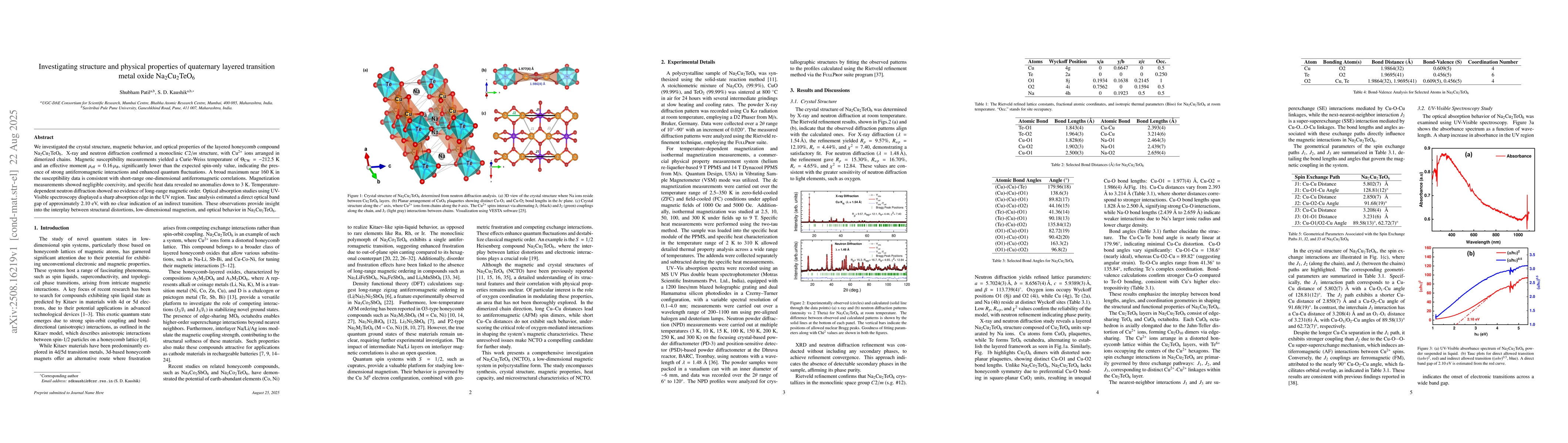 Thumbnail for Investigating structure and physical properties of quaternary layered
  transition metal oxide Na2Cu2TeO6