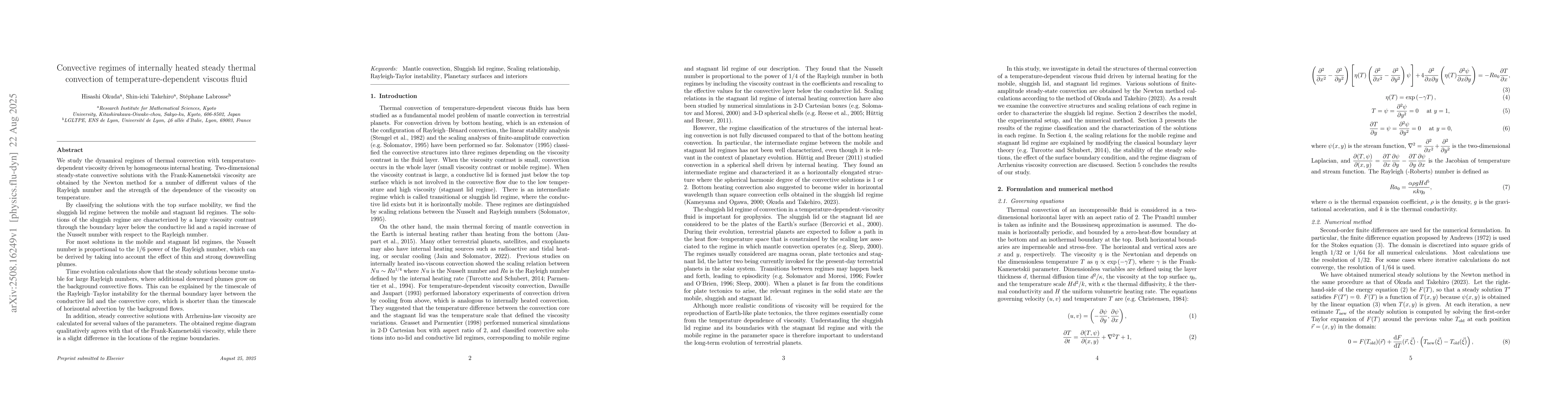Thumbnail for Convective regimes of internally heated steady thermal convection of
  temperature-dependent viscous fluid