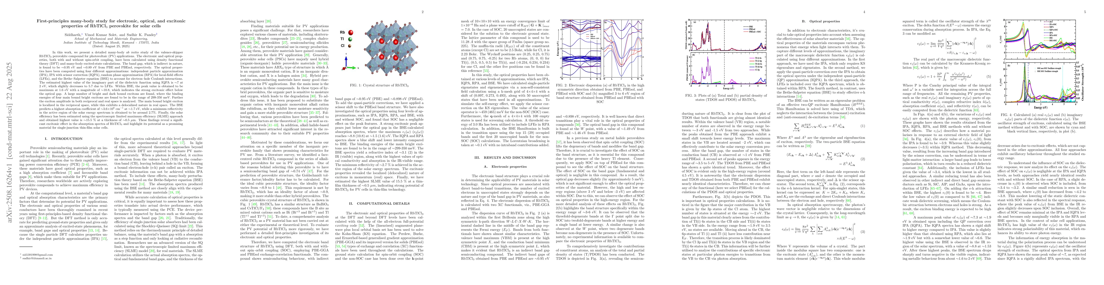 Thumbnail for First-principles many-body study for electronic, optical, and excitonic
  properties of RbTlCl3 perovskite for solar cells