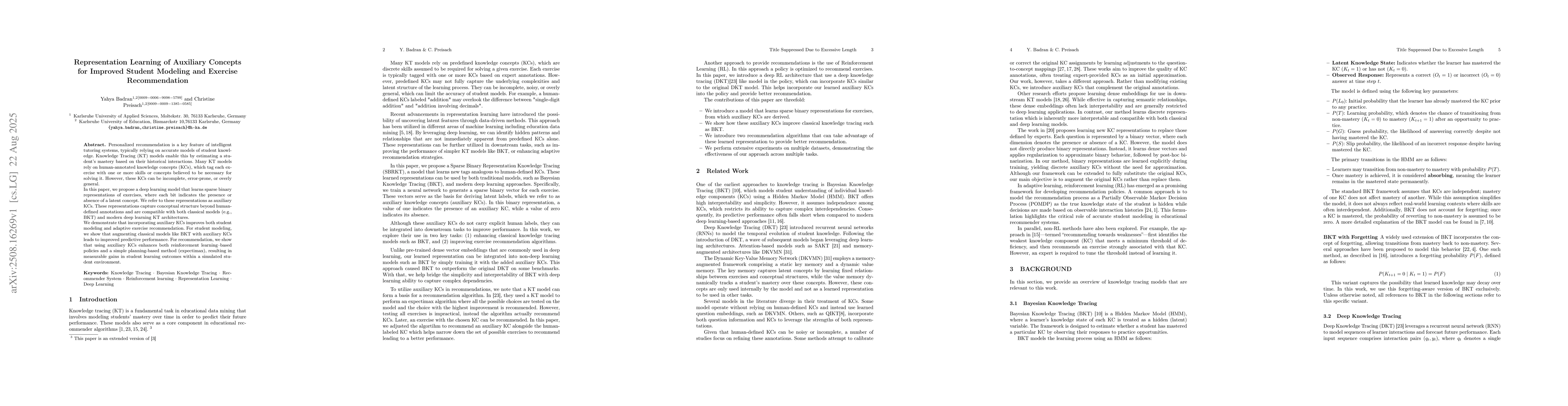 Thumbnail for Representation Learning of Auxiliary Concepts for Improved Student
  Modeling and Exercise Recommendation