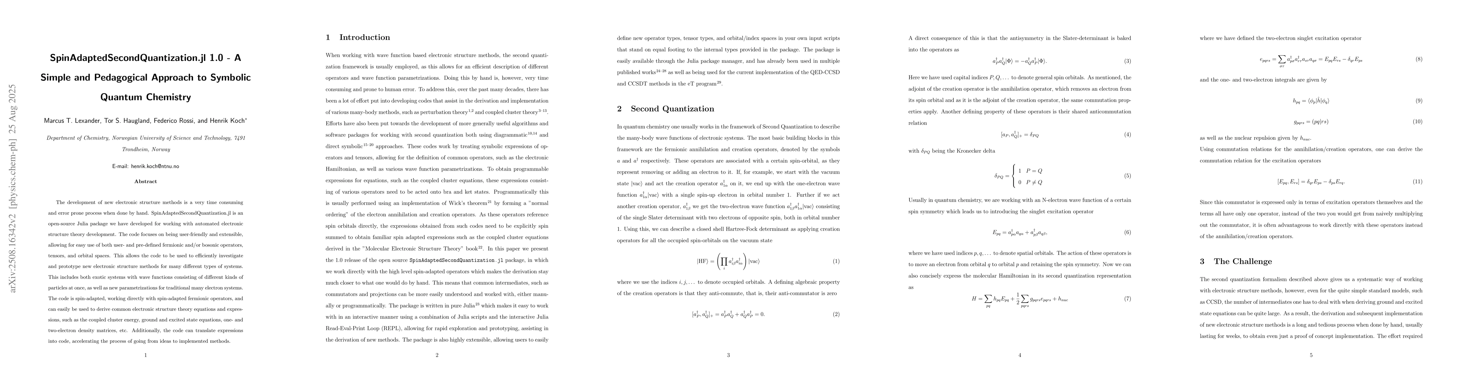 Thumbnail for SpinAdaptedSecondQuantization.jl 1.0 -- A Simple and Pedagogical
  Approach to Symbolic Quantum Chemistry