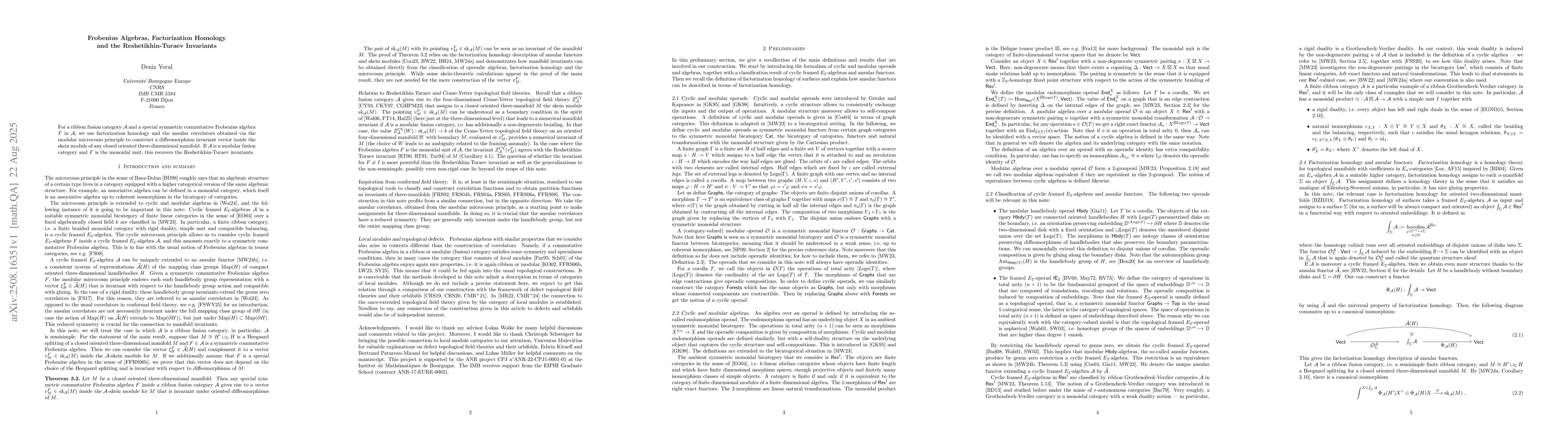 Thumbnail for Frobenius Algebras, Factorization Homology and the Reshetikhin-Turaev
  Invariants