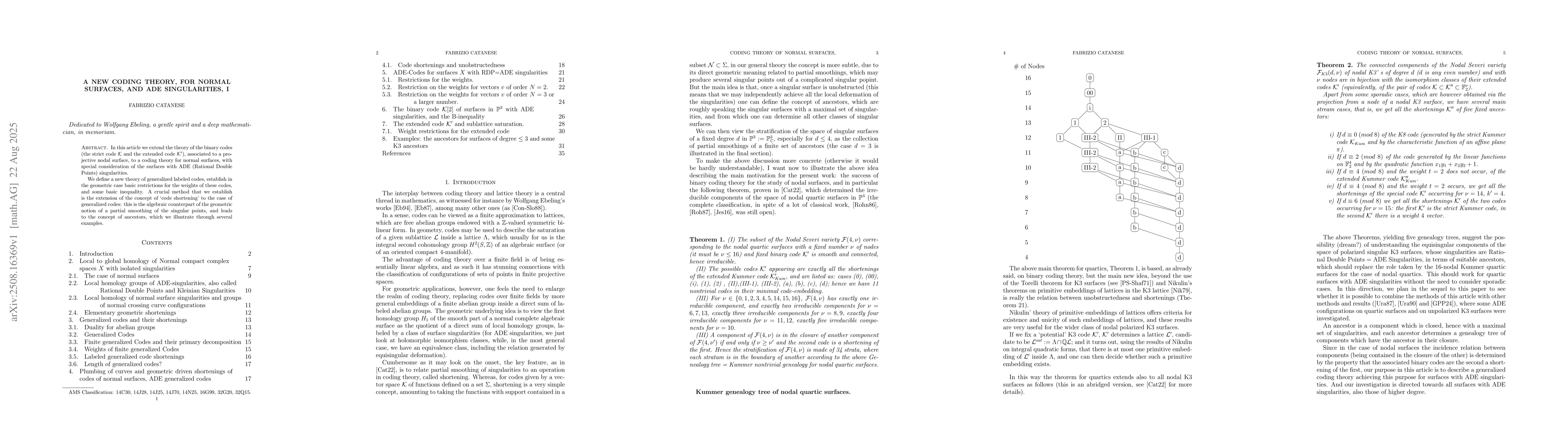 Thumbnail for A new coding theory, for normal surfaces, and ADE singularities, I