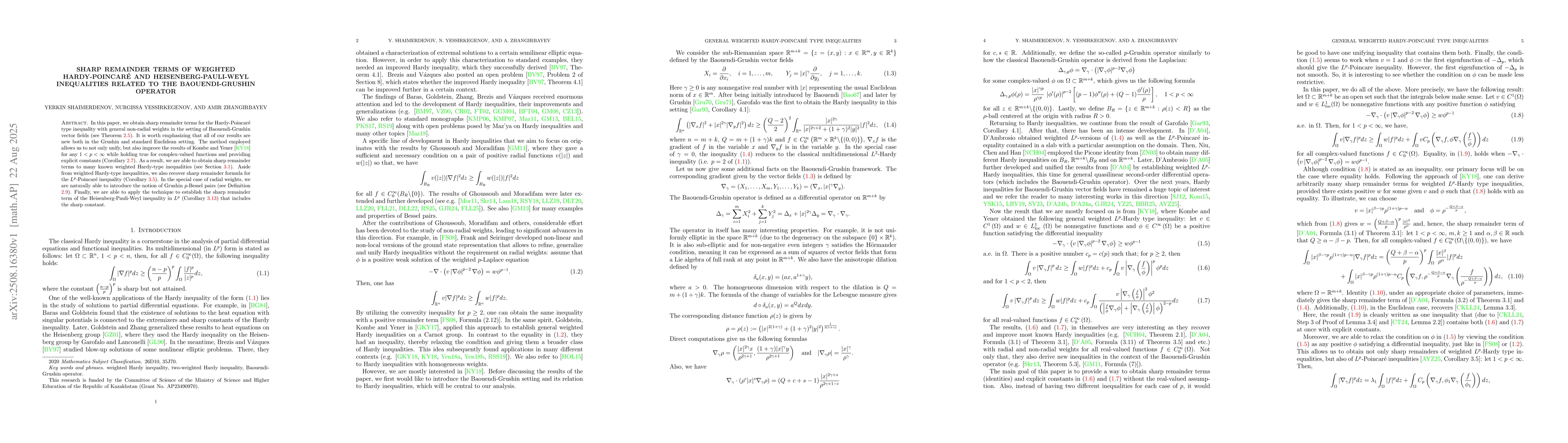 Thumbnail for Sharp remainder terms of weighted Hardy-Poincaré and
  Heisenberg-Pauli-Weyl inequalities related to the Baouendi-Grushin operator