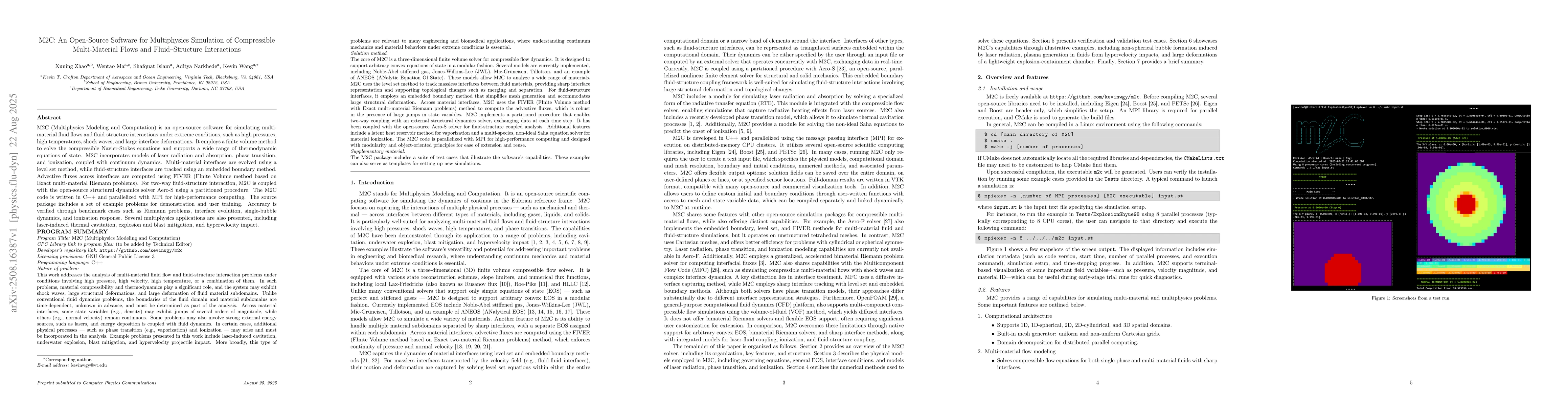 Thumbnail for M2C: An Open-Source Software for Multiphysics Simulation of Compressible
  Multi-Material Flows and Fluid-Structure Interactions