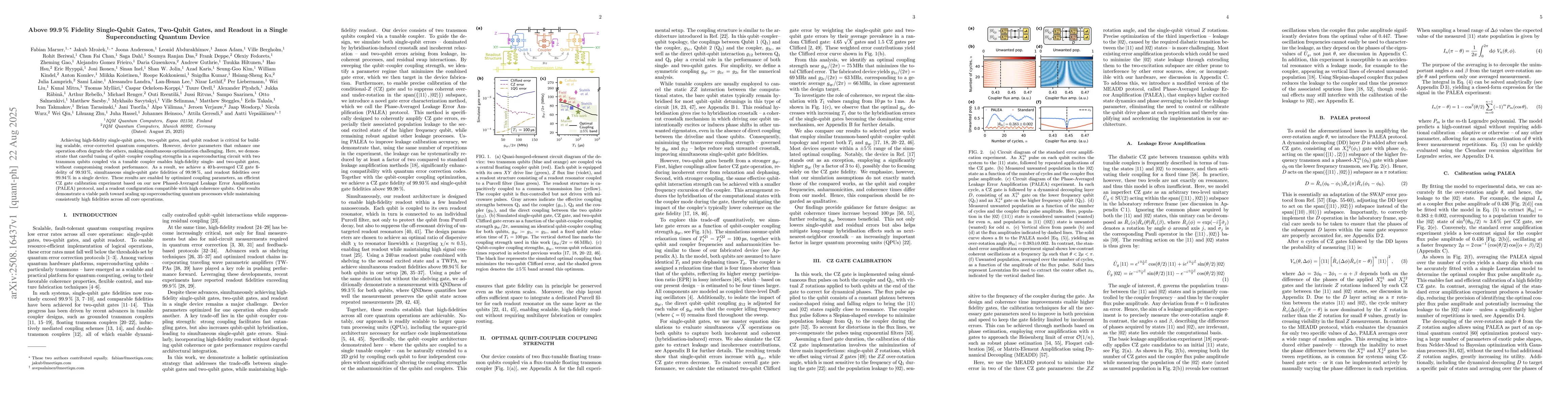 Thumbnail for Above 99.9% Fidelity Single-Qubit Gates, Two-Qubit Gates, and Readout in
  a Single Superconducting Quantum Device