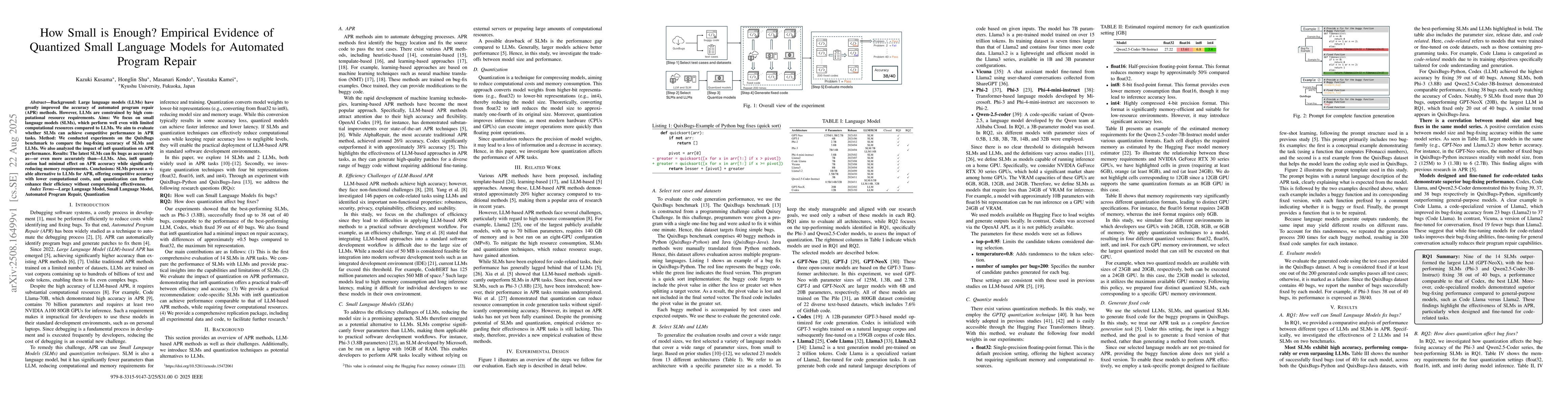 Thumbnail for How Small is Enough? Empirical Evidence of Quantized Small Language
  Models for Automated Program Repair