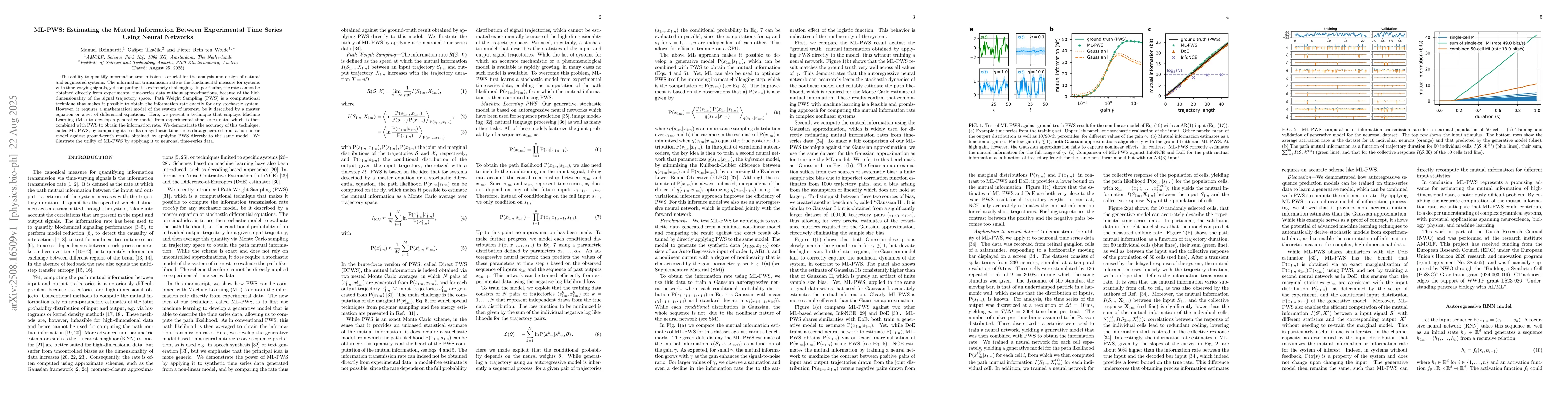 Thumbnail for ML-PWS: Estimating the Mutual Information Between Experimental Time
  Series Using Neural Networks