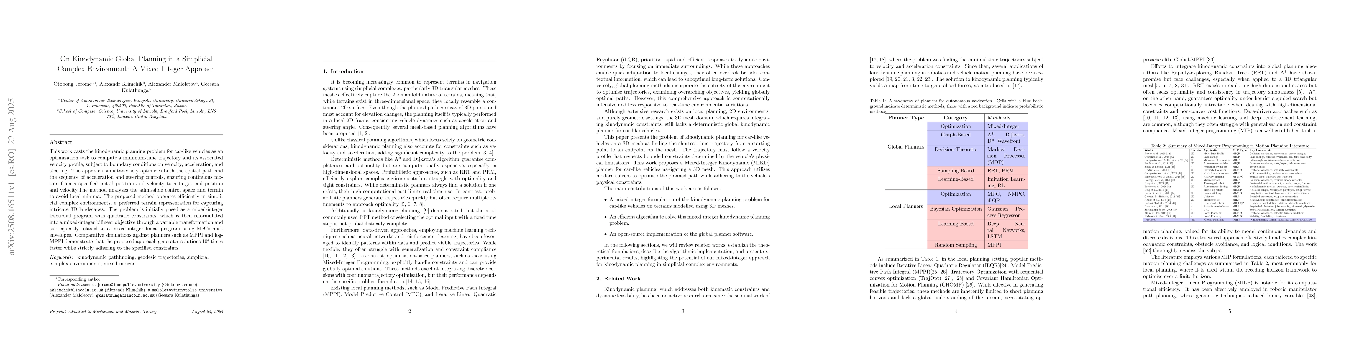 Thumbnail for On Kinodynamic Global Planning in a Simplicial Complex Environment: A
  Mixed Integer Approach