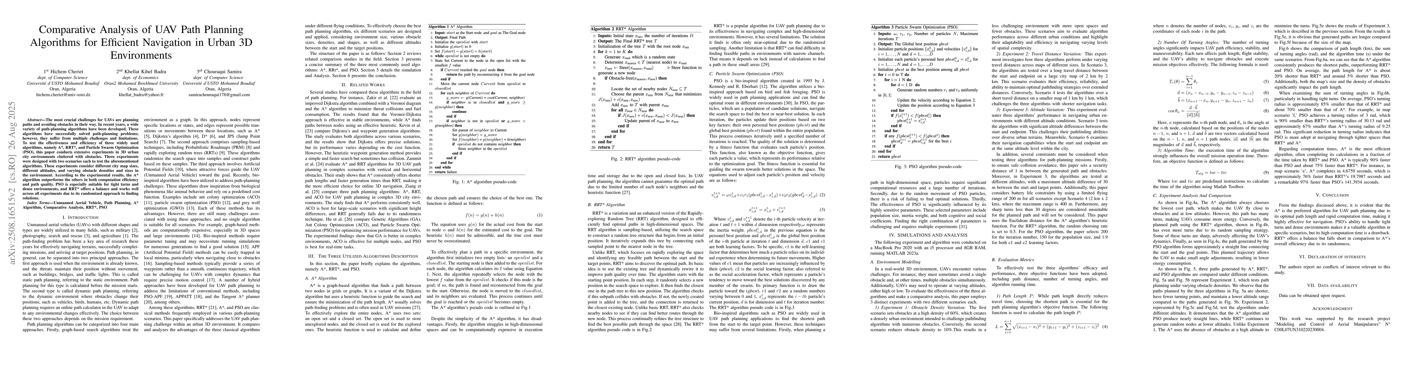 Thumbnail for Comparative Analysis of UAV Path Planning Algorithms for Efficient
  Navigation in Urban 3D Environments