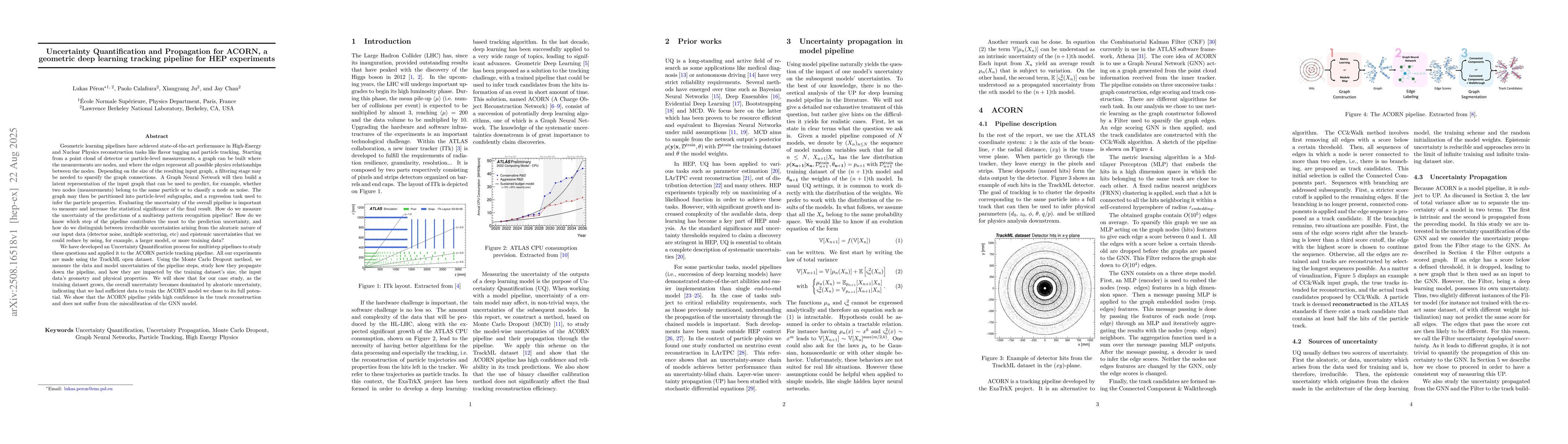 Thumbnail for Uncertainty Quantification and Propagation for ACORN, a geometric deep
  learning tracking pipeline for HEP experiments