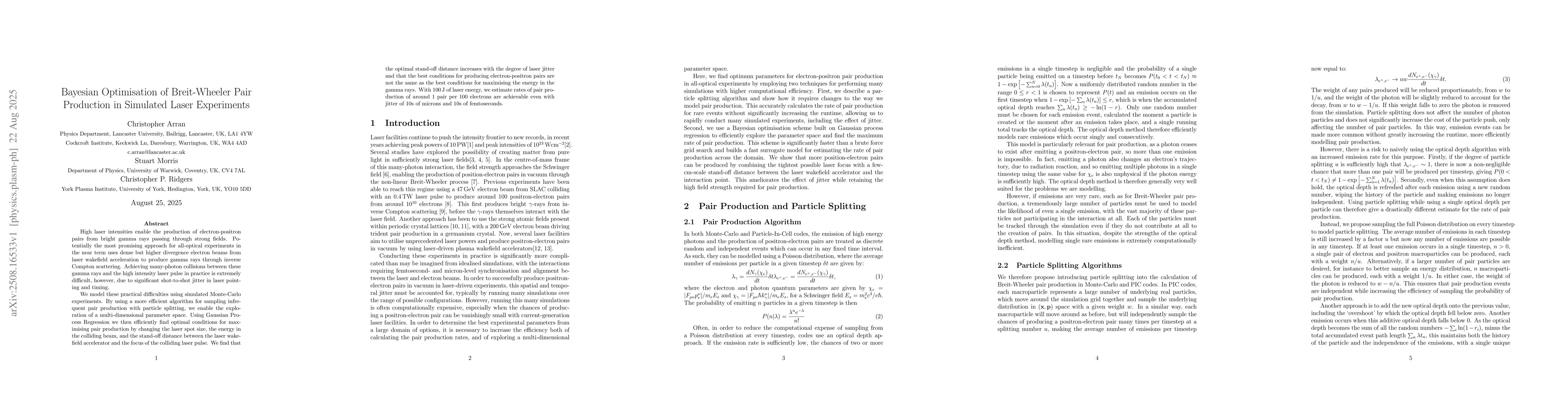 Thumbnail for Bayesian Optimisation of Breit-Wheeler Pair Production in Simulated
  Laser Experiments