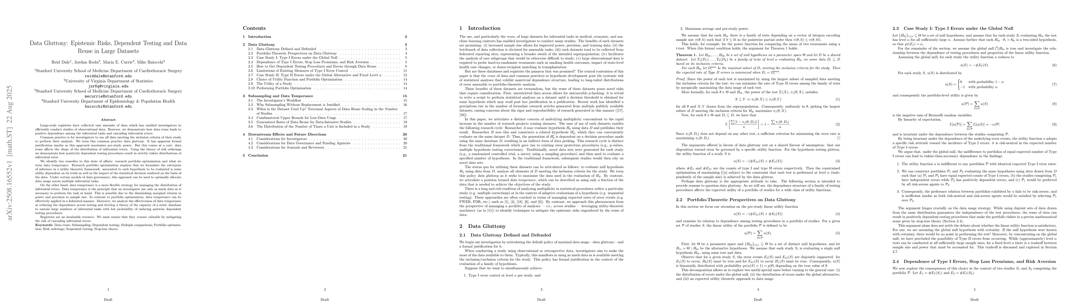 Thumbnail for Data Gluttony: Epistemic Risks, Dependent Testing and Data Reuse in
  Large Datasets