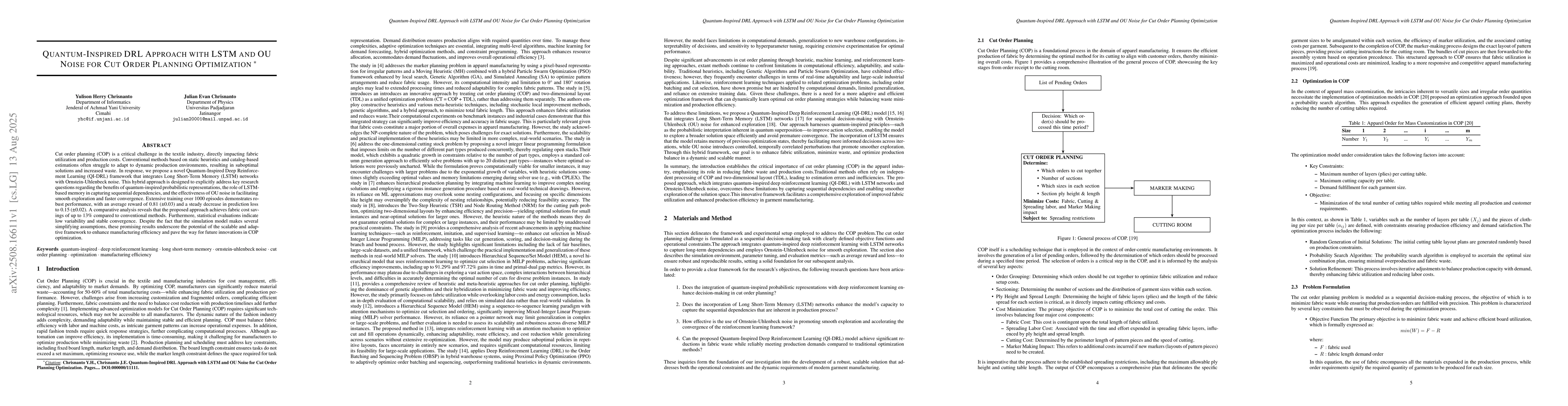 Thumbnail for Quantum-Inspired DRL Approach with LSTM and OU Noise for Cut Order
  Planning Optimization