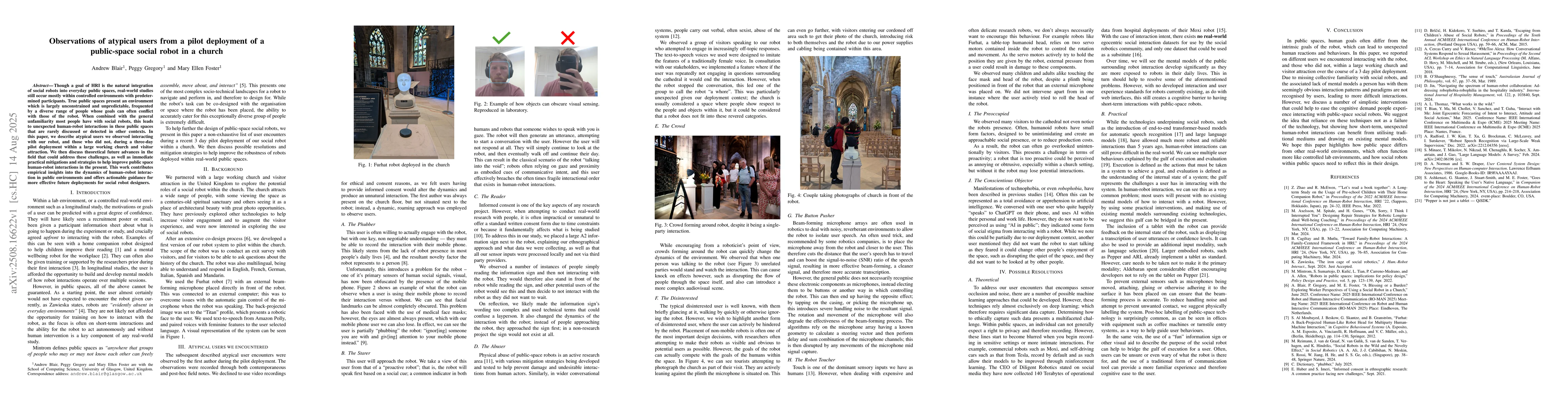 Thumbnail for Observations of atypical users from a pilot deployment of a public-space
  social robot in a church