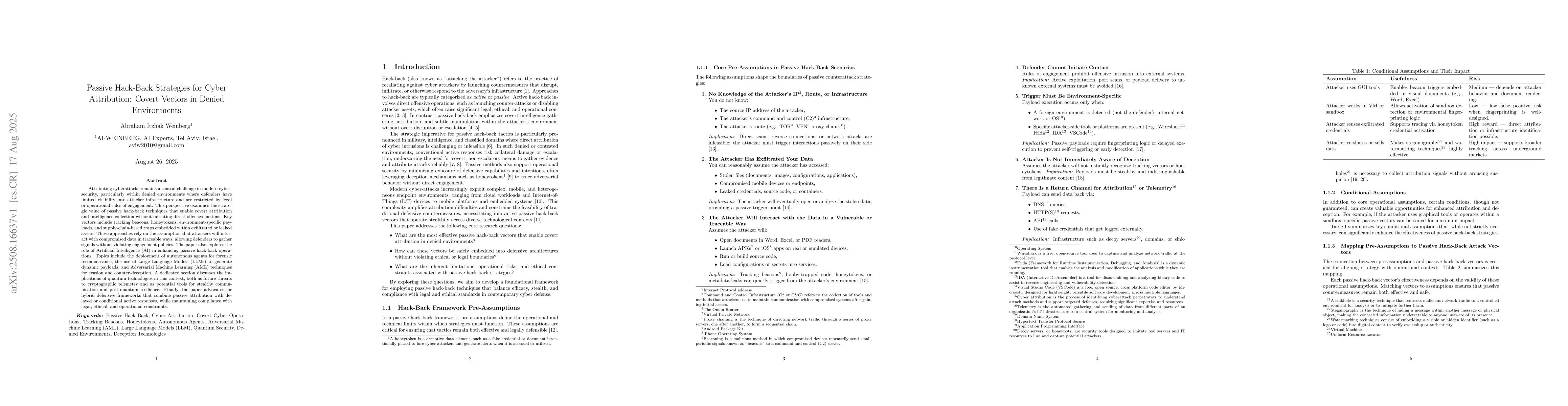 Thumbnail for Passive Hack-Back Strategies for Cyber Attribution: Covert Vectors in
  Denied Environment