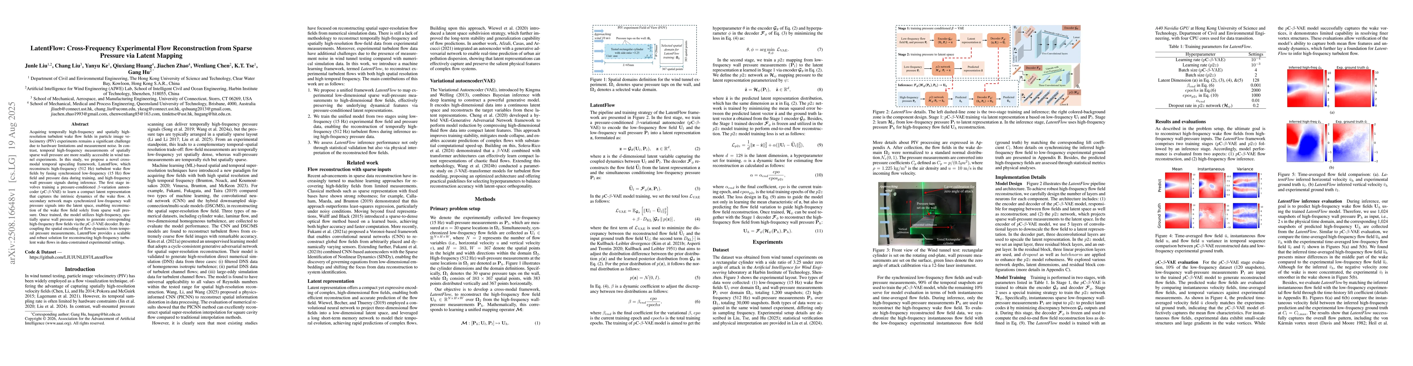 Thumbnail for LatentFlow: Cross-Frequency Experimental Flow Reconstruction from Sparse
  Pressure via Latent Mapping