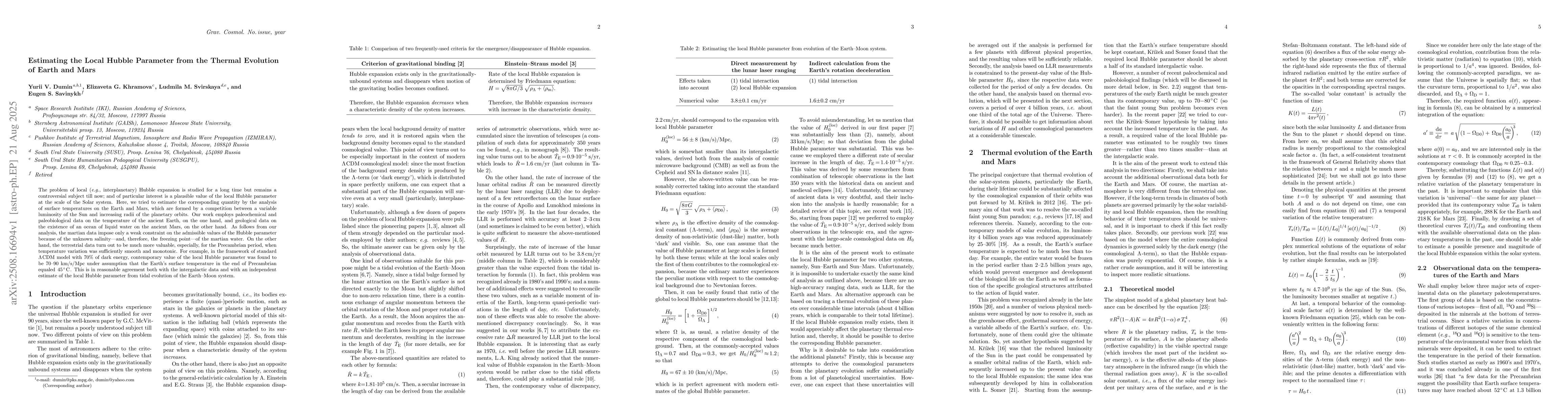 Thumbnail for Estimating the Local Hubble Parameter from the Thermal Evolution of
  Earth and Mars