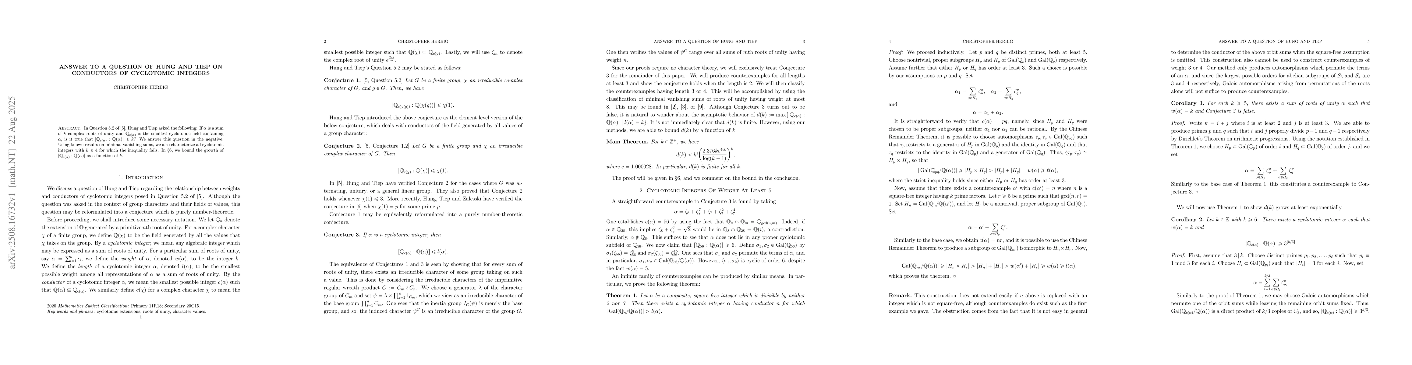 Thumbnail for Answer to a Question of Hung and Tiep on Conductors of Cyclotomic
  Integers
