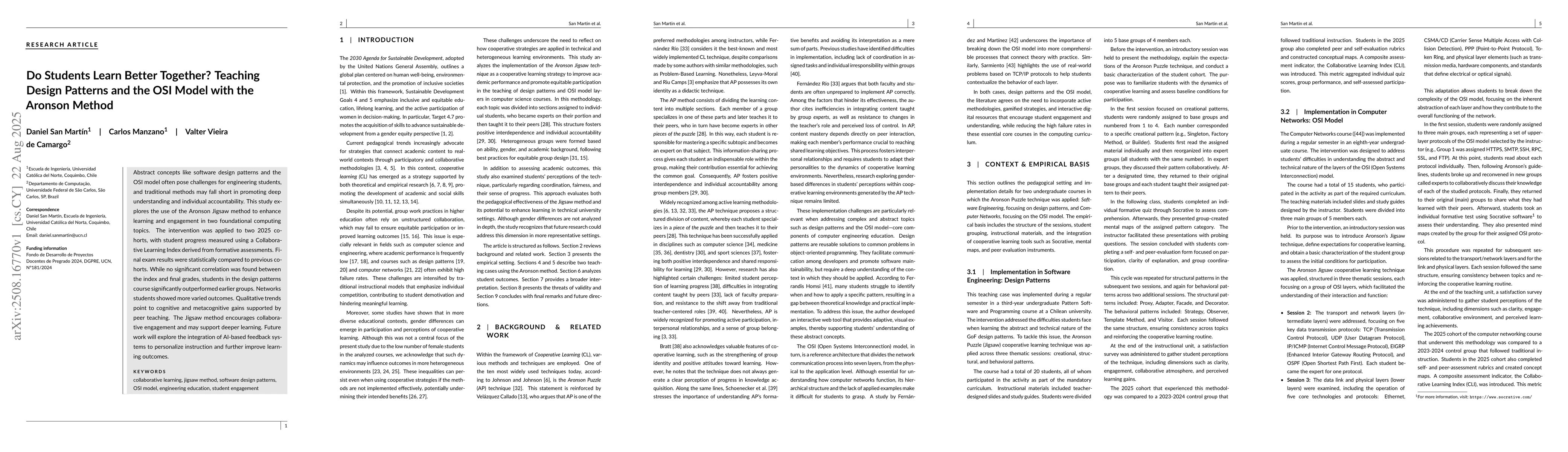 Thumbnail for Do Students Learn Better Together? Teaching Design Patterns and the OSI
  Model with the Aronson Method