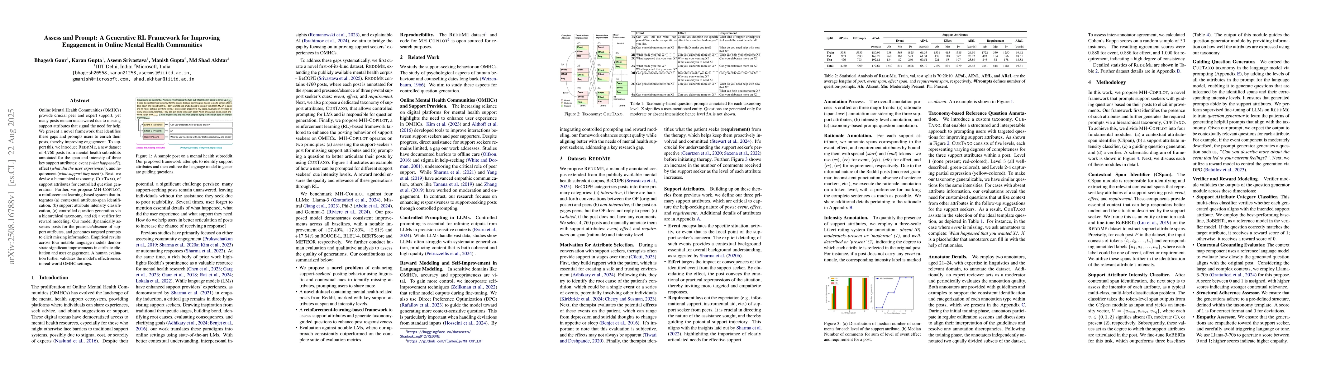 Thumbnail for Assess and Prompt: A Generative RL Framework for Improving Engagement in
  Online Mental Health Communities