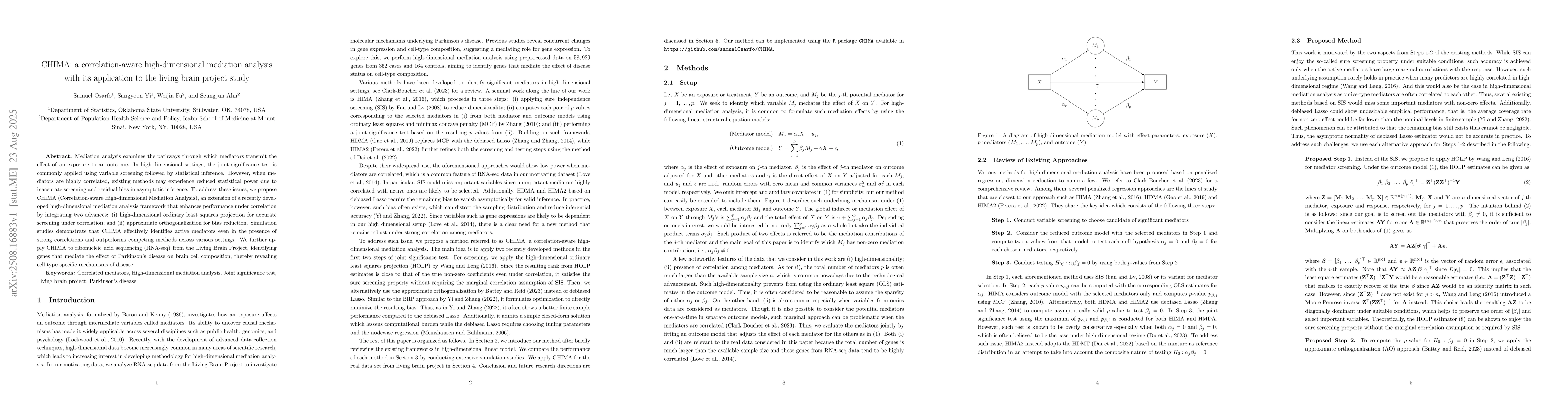 Thumbnail for CHIMA: a correlation-aware high-dimensional mediation analysis with its
  application to the living brain project study
