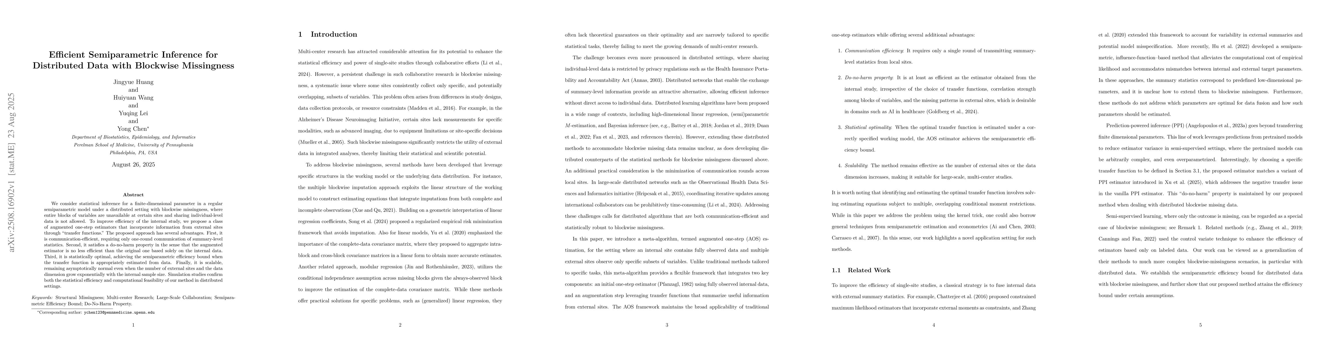 Thumbnail for Efficient Semiparametric Inference for Distributed Data with Blockwise
  Missingness