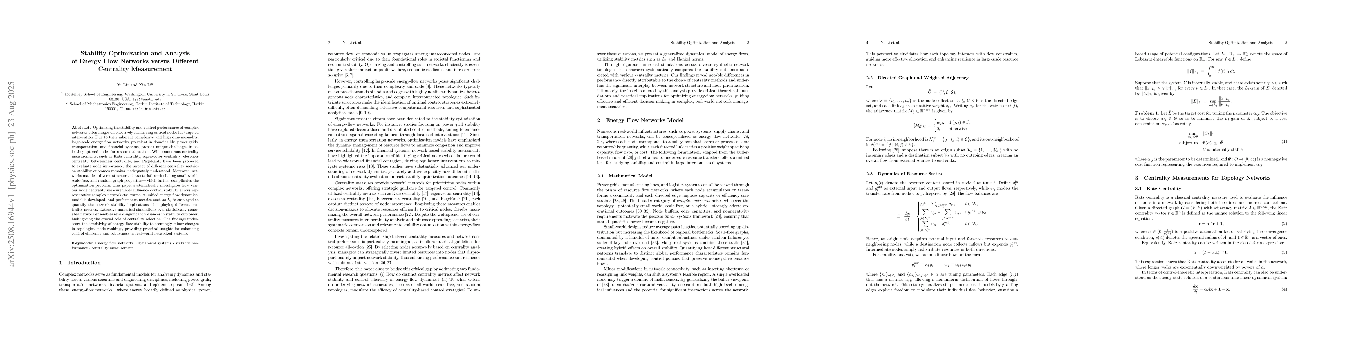 Thumbnail for Stability Optimization and Analysis of Energy Flow Networks versus
  Different Centrality Measurement