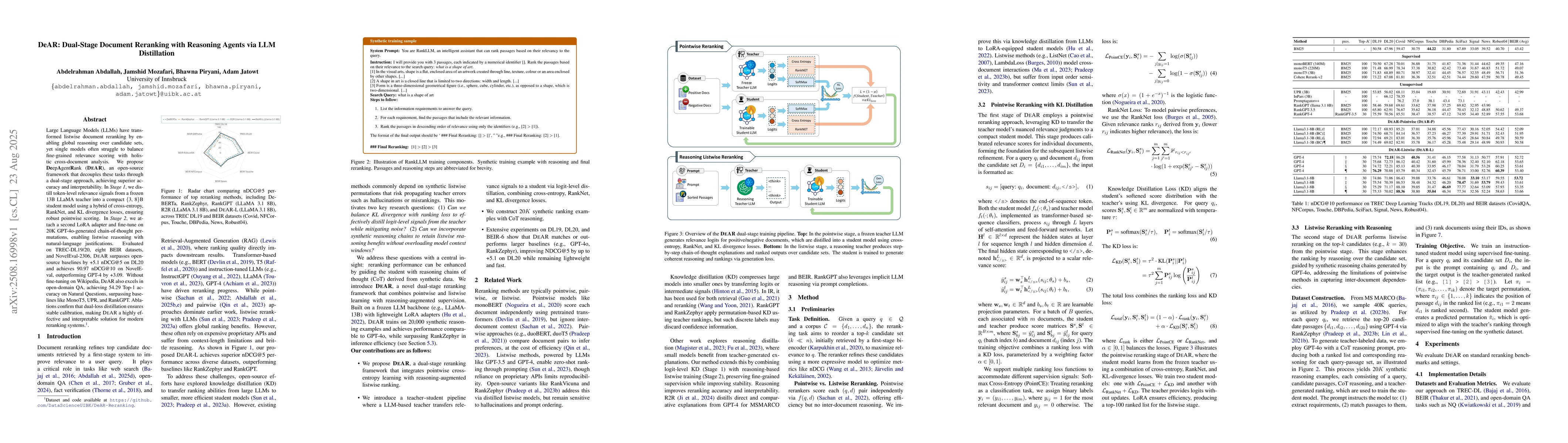 Thumbnail for DeAR: Dual-Stage Document Reranking with Reasoning Agents via LLM
  Distillation