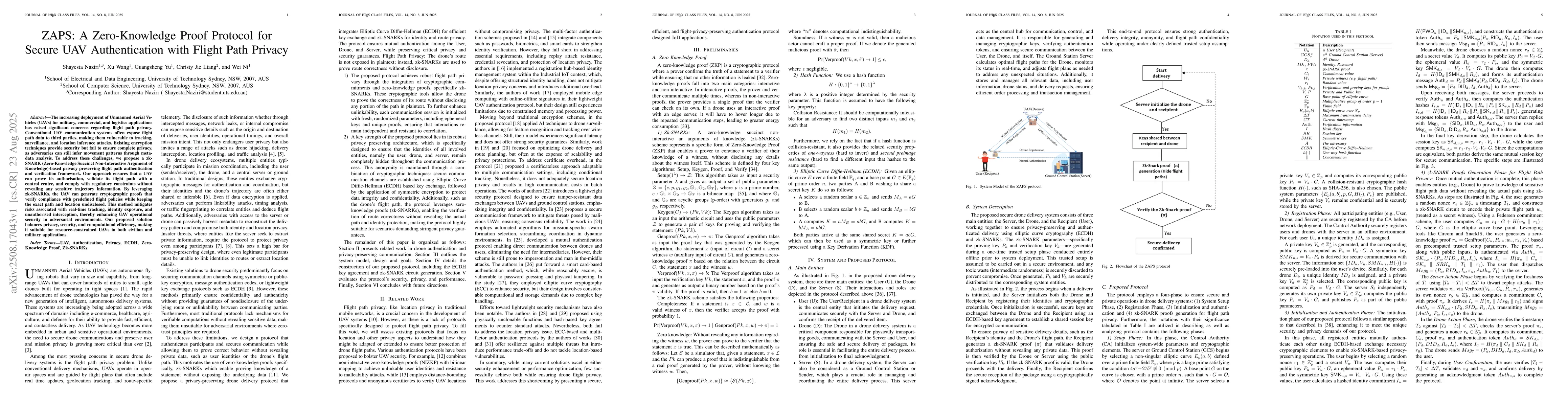 Thumbnail for ZAPS: A Zero-Knowledge Proof Protocol for Secure UAV Authentication with
  Flight Path Privacy